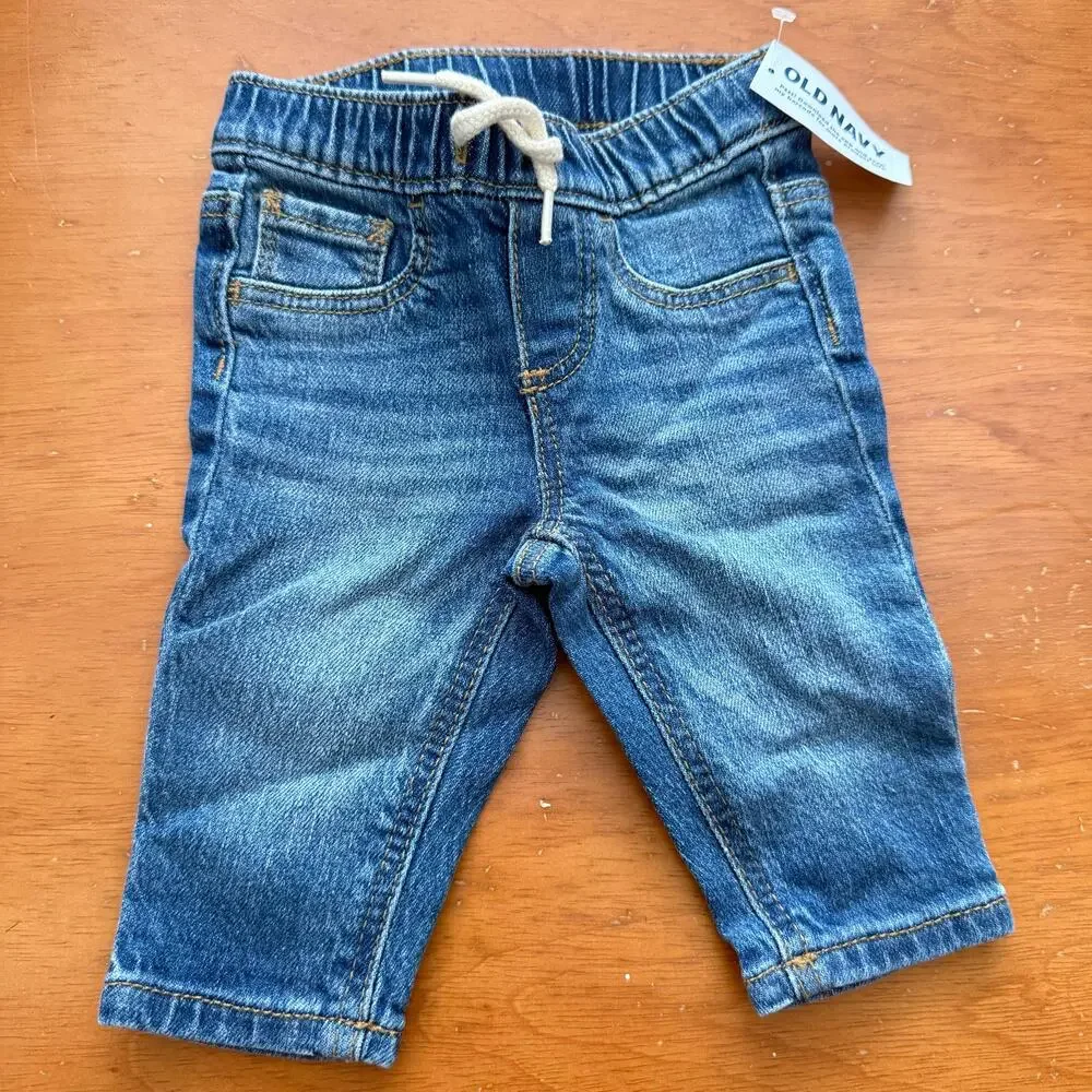NWT Old Navy Pull On Elastic Waist Denim Jeans Baby Boy 0-3 Months Drawstring